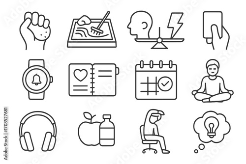 Stress Management Icons. Line style icons of stress management: stress ball icon, zen garden icon, tension scale, time-out card,