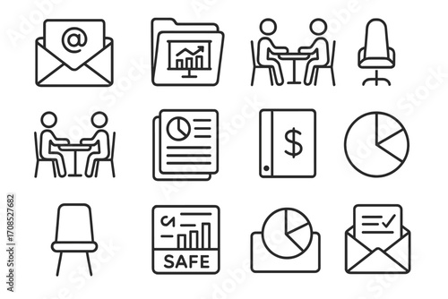 Venture Capital Icons. Line style icons of venture capital process: intro email icon, pitch deck folder, partner meeting icon,