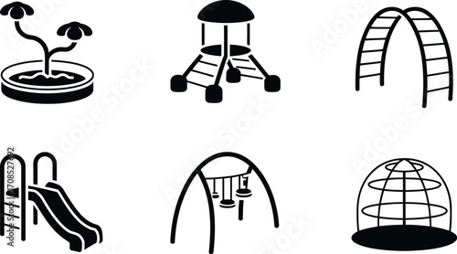 Set of modern playground equipment icons for outdoor recreation and fun.
