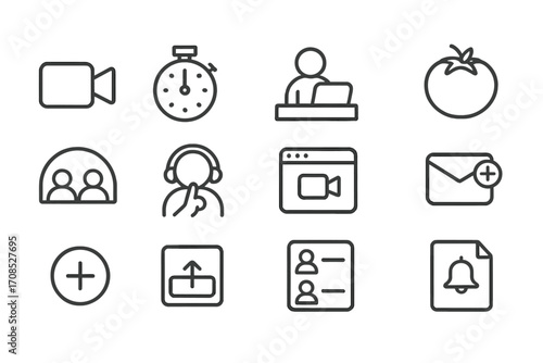 Virtual Coworking Icons. Line style icons of virtual coworking: live camera icon, shared timer icon, virtual desk pod, Pomodoro