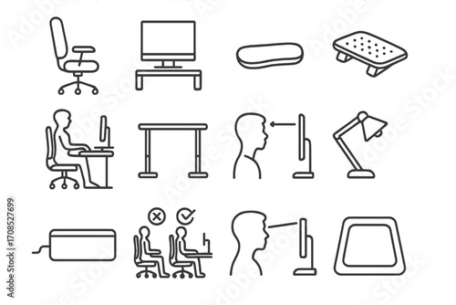 Workspace Ergonomics Icons. Line style icons of workspace ergonomics: adjustable chair icon, monitor riser, wrist support pad,