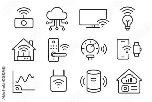 Smart Home Connectivity Icons. Line style icons of smart home networking: smart hub icon, IoT device cloud, smart TV connection,