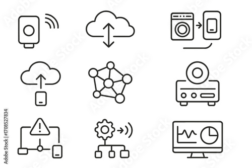 IoT Icon Set. Line style icons of IoT networking: IoT sensor icon, device cloud icon, smart appliance sync, device-to-cloud path,