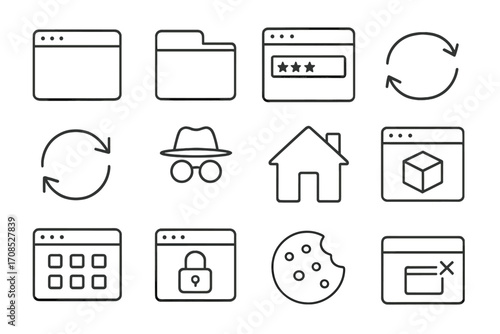 Web Browser Icons. Line style icons of browser and access: browser window icon, tab open symbol, bookmarks bar, URL bar icon,
