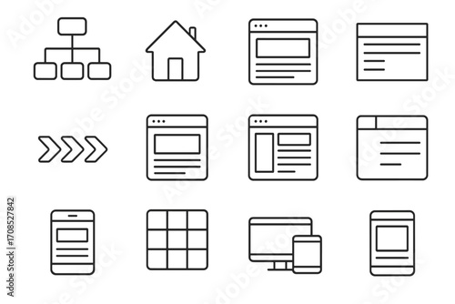 Website Structure Icons. Line style icons of website structure: sitemap diagram, home page icon, landing page symbol, navigation