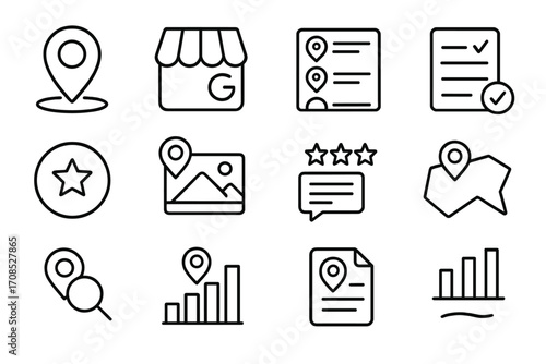Local SEO Icons. Line style icons of local SEO: map pin icon, Google My Business symbol, local pack listing, NAP consistency icon,