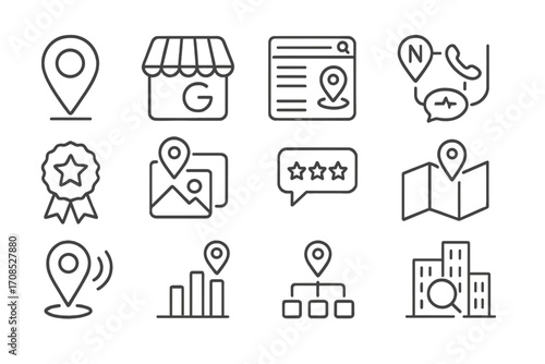 Local SEO Icons. Line style icons of local SEO: map pin icon, Google My Business symbol, local pack listing, NAP consistency icon,