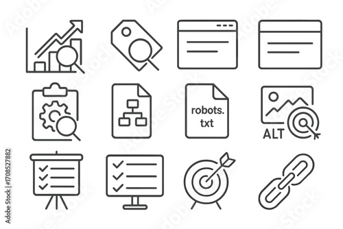 SEO Line Icons. Line style icons of SEO fundamentals: search ranking icon, keyword research tag, meta title icon, meta description