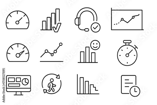 Support Metrics Icons. Line style icons of support performance metrics: response time dial, resolution rate bar, first contact