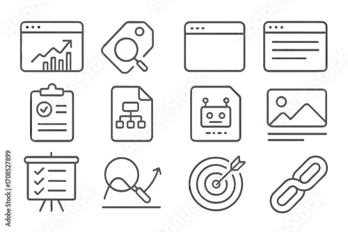 SEO Line Icons. Line style icons of SEO fundamentals: search ranking icon, keyword research tag, meta title icon, meta description