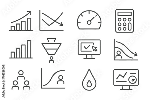 Startup Metrics Icons. Line style icons of startup metrics: revenue growth chart, CAC vs LTV graph, burn rate meter, runway