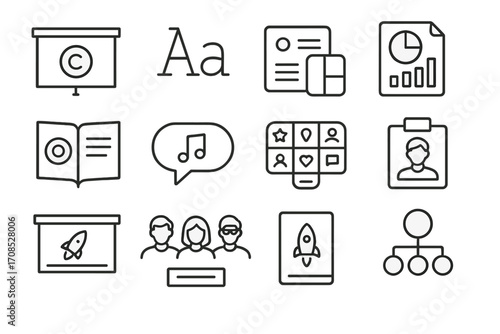 Startup Branding Icons. Line style icons of startup branding for pitch: logo on deck, branded fonts icon, consistent color palette