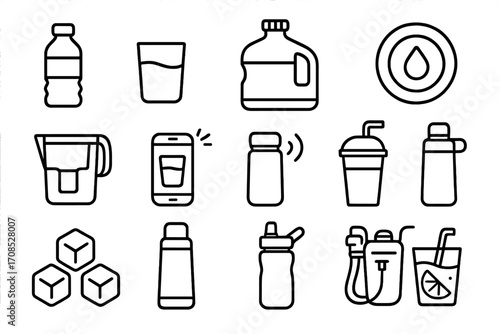 Hydration Icon Pack. Line style icons of water and hydration: water bottle, glass of water, reusable jug, hydration tracker icon,
