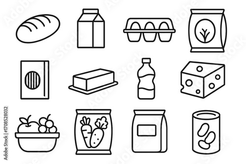 Essential Food Icons. Line style icons of essential food items: loaf of bread, carton of milk, egg carton, rice bag, pasta box,