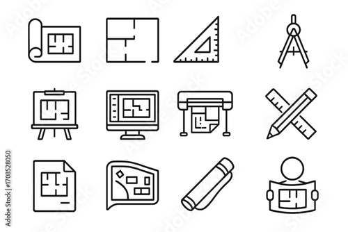 Architectural Planning Icons. Line style icons of blueprint and planning: blueprint roll, floor plan icon, scale ruler,
