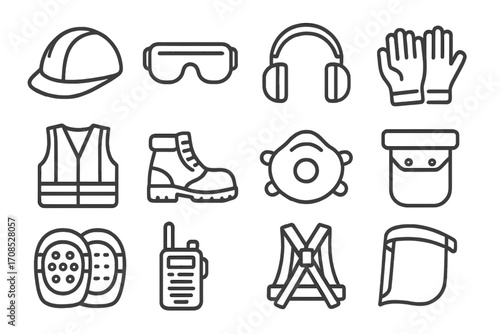 Construction Gear Icons. Line style icons of construction site gear: hard hat icon, safety goggles, ear protection, work gloves,