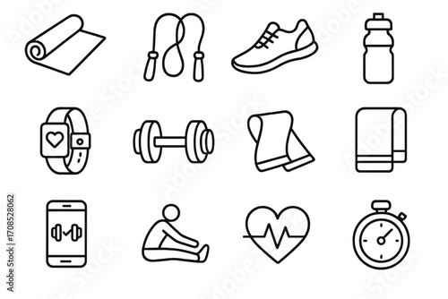 Fitness Icons Collection. Line style icons of everyday fitness items: yoga mat, jump rope icon, running shoes, water bottle,