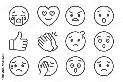 Line Icons Emoji Set. Line style icons of expressions in texting: crying emoji, heart face emoji, angry emoji, wow face, thumbs up