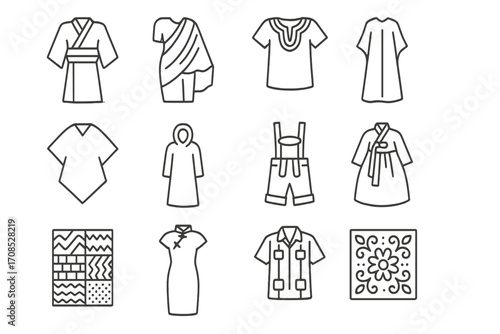 Cultural Fashion Icons. Line style icons of cultural fashion: kimono icon, sari icon, dashiki tunic, kaftan icon, poncho icon,