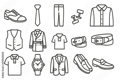 Men's Fashion Icons. Line style icons of men’s fashion items: oxford shoes, necktie icon, dress pants, business shirt, vest icon,