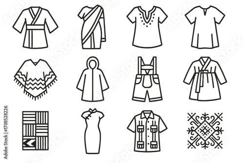 Cultural Fashion Icons. Line style icons of cultural fashion: kimono icon, sari icon, dashiki tunic, kaftan icon, poncho icon,
