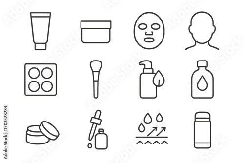 Inclusive Beauty Icons. Line style icons of gender-neutral beauty: unisex skincare, simple tube icon, minimal cream jar, universal