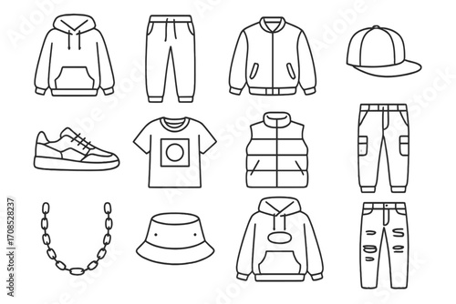 Streetwear Line Icons. Line style icons of streetwear: oversized hoodie, joggers icon, bomber jacket, snapback hat, skate shoes,