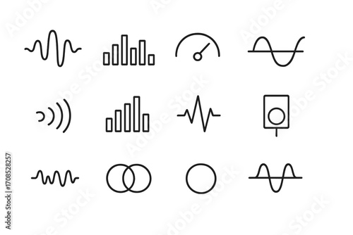 Audio Signal Icons. Line style icons of audio signals: sound wave, frequency spectrum, decibel icon, sine wave, echo curve,