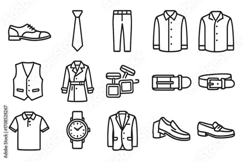 Men's Fashion Icons. Line style icons of men’s fashion items: oxford shoes, necktie icon, dress pants, business shirt, vest icon,