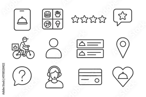 Food Delivery Icons. Line style icons of food delivery platforms: app home screen, food category grid, star rating, review icon,