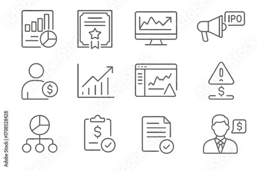 Investment Icons Collection. Line style icons of investment banking: stock portfolio, bonds icon, mutual fund chart, IPO icon,