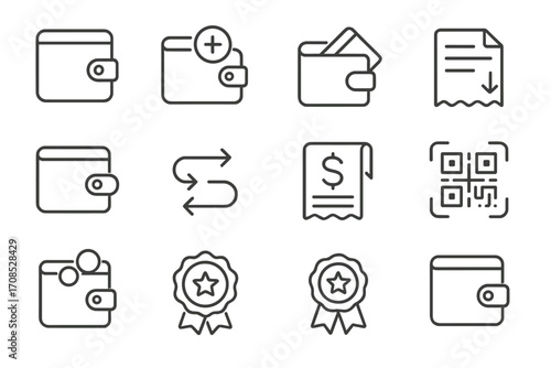 Digital Wallet Icons. Line style icons of digital wallets: wallet app icon, add money button, top-up card, payment history,