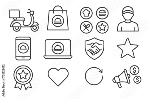 Food Delivery Icons. Line style icons of food delivery brands: company scooter, branded bag, restaurant logo pack, driver in