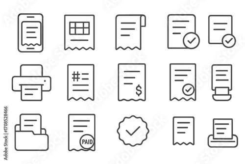 Payment Icons Collection. Line style icons of payment receipts and proofs: e-receipt icon, transaction ID, bill image, payment
