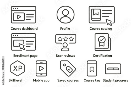Online Learning Icons. Line style icons of online learning platforms: course dashboard, profile icon, course catalog, enrollment