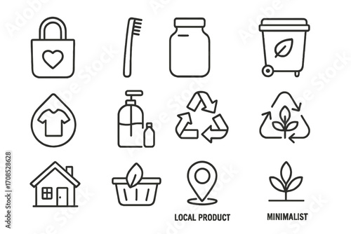 Eco Living Icons. Line style icons of sustainable living basics: reusable bag, bamboo toothbrush, glass jar, compost bin, eco