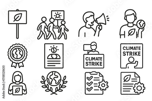 Climate Action Icons. Line style icons of climate action and activism: protest sign icon, climate march, activist megaphone, eco