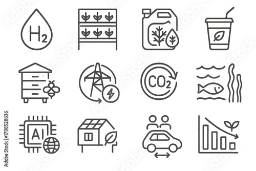Future Sustainability Icons. Line style icons of future sustainability trends: hydrogen icon, vertical farming, algae fuel icon,