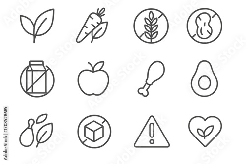 Dietary Icon Collection. Line style icons of dietary options: vegan icon, vegetarian icon, gluten-free icon, nut-free icon,