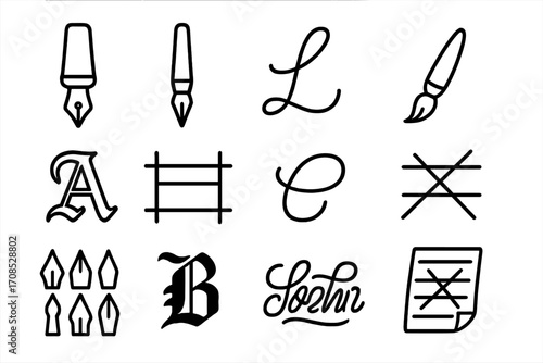 Calligraphy Icons Collection. Line style icons of calligraphy and lettering: ink pen icon, dip pen, cursive letter icon, brush
