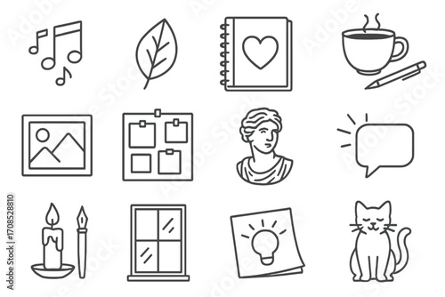 Creative Inspiration Icons. Line style icons of creativity inspiration: music notes floating, nature leaf icon, art journal,