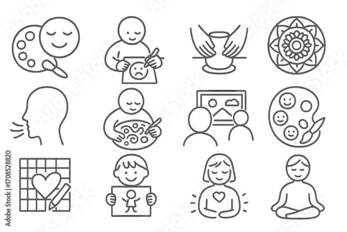Art Therapy Icons. Line style icons of art therapy: paint to relax icon, emotion drawing, therapeutic clay, mandala drawing, color