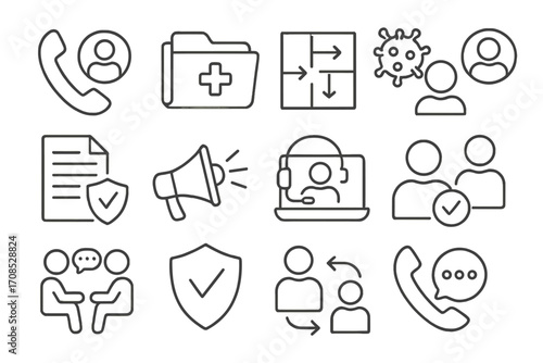 HR Crisis Icons. Line style icons of HR crisis management: emergency contact icon, crisis response file, evacuation plan, health