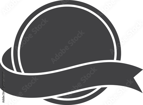 Dark gray oval badge with ribbon graphic element