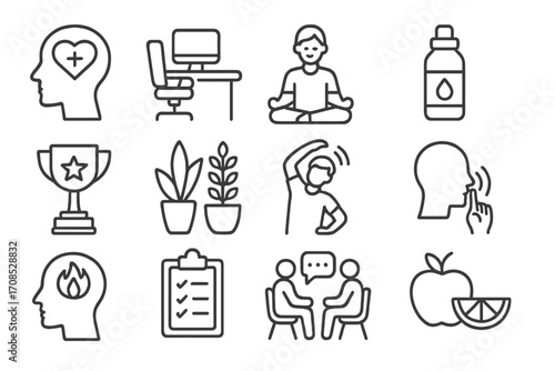 Workplace Wellness Icons. Line style icons of workplace wellness: mental health support, ergonomic workspace icon, meditation