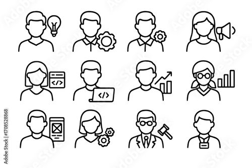 Startup Team Icons. Line style icons of startup team roles: founder icon, co-founder badge, CTO icon, CMO icon, product manager,