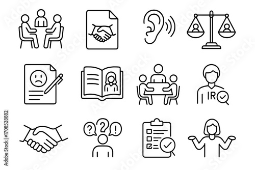 Conflict Resolution Icons. Line style icons of conflict resolution: mediation room, agreement file, listening icon, compromise