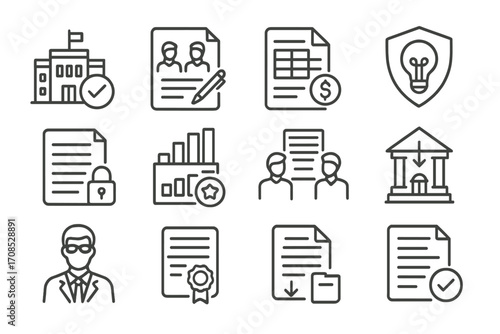 Startup Legal Icons. Line style icons of startup legal setup: company registration icon, founder agreement, cap table doc, IP