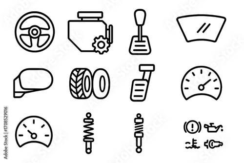 Vehicle Parts Icons. Line style icons of vehicle parts: steering wheel icon, engine block, gear shift icon, car battery,