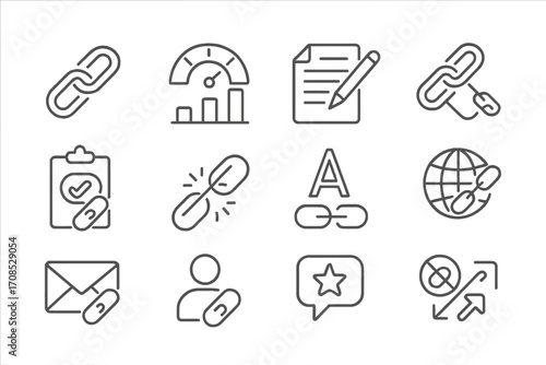 Off-Page SEO Icons. Line style icons of off-page SEO: backlink icon, domain authority chart, guest post icon, link building